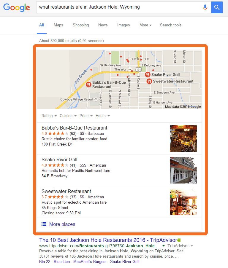 Google rich display search result for "What restaurants are in Jackson Hole, Wyoming?" showing a map and three results with ratings, addresses, open hours, and other information about three restaurants.